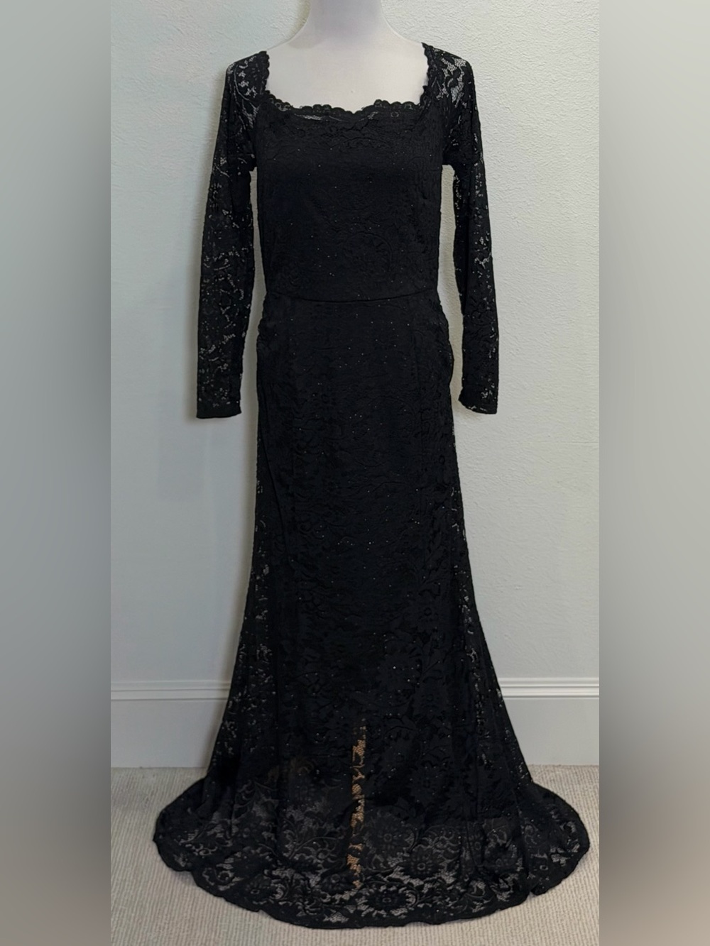 Vintage Y2K Black Lace Mermaid Formal Dress Gown Large Glitter Long Sleeve Goth